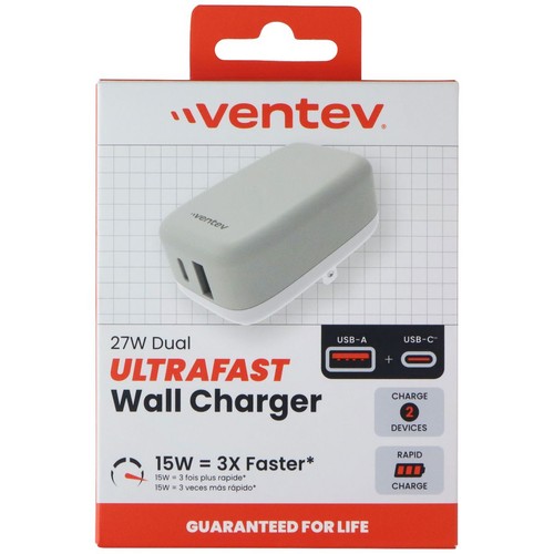 Ventev 27W (USB-A + USB-C) Caricatore da Parete Ultra Veloce Doppia Porta - Grigio/Bianco - Foto 5 di 6