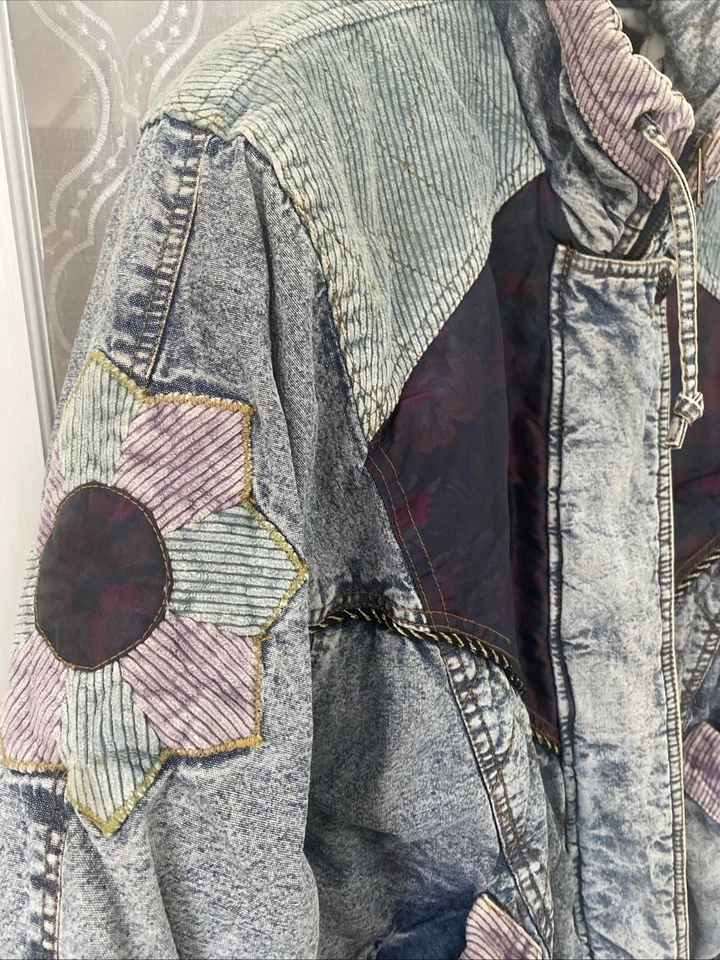 Chaqueta Braetan Vintage Años 80 Denim/Pana Lavado Ácido Estampado Floral Pequeña Foto 2 de 4