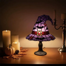 Halloween Ambiance Lamp   Handcrafted Stained Gothic Wizard Hat Night Light Read
