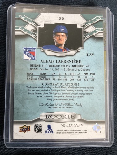 2020-21 Artifacts Dual Jersey Rookie Alexis Lafreniere New York Rangers 132/599 - Picture 2 of 2