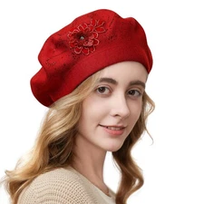 Flower Embroidery Beret Hat for Women, French Style Knitted Beret Hats, Styli...