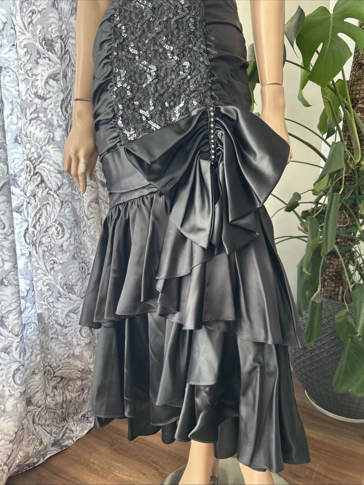 Vtg 80s ZUM ZUM Black Satin Sequin Formal Prom Mermaid Strapless Dress - Image 3 of 4