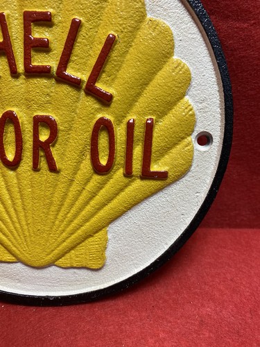 Shell Motoröl Gusseisen Schild Wandtafel Männerhöhle weiß rot gelb 21 cm - Bild 4 von 9