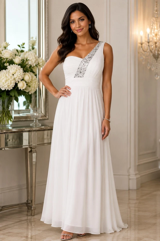 City Triangles White One Shoulder Rhinestone Formal Maxi Dress Women Large - Image 3 of 4