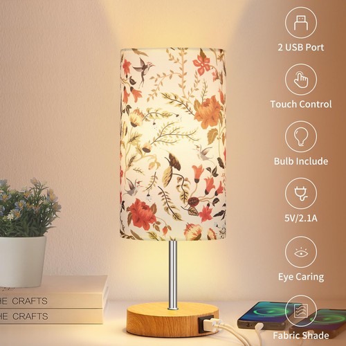 Lámpara táctil de cabecera, lámpara de mesa pequeña de madera con 2 puertos de carga USB y flor... - Imagen 6 de 9