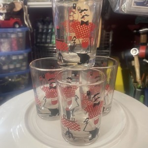 Vintage MCM Hazel Atlas, Singing Bartenders 4 Glasses, Red Black White