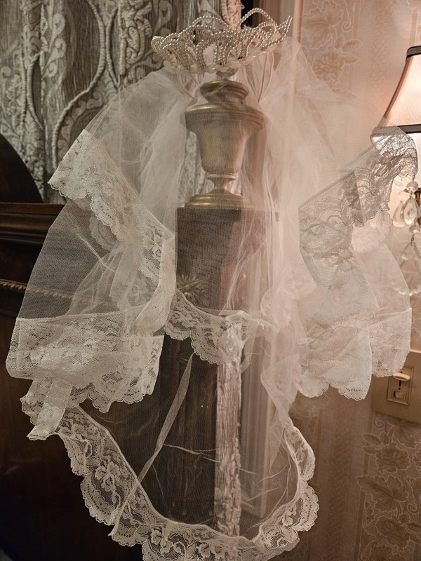 VTG Lace and Tulle Vintage First Communion Veil headpiece Pearl Tiara Catholic