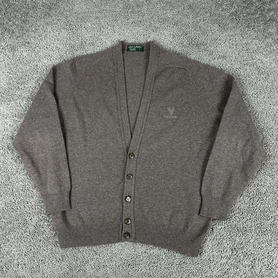 Suéter Lyle & Scott Para Hombres Grande Marrón Lana de Cordero Cárdigan Botón Frontal Tejido Logo Foto 2 de 4