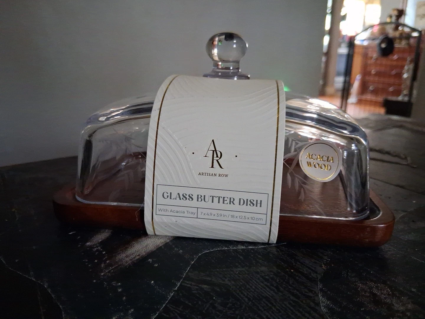 Artisan Row Wood Butter Dish Etched Glass Lid (Acacia Wood)