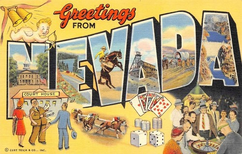 Large Letter Greetings NEVADA Dice Roulette Cowboy Vintage Linen Postcard c1940s