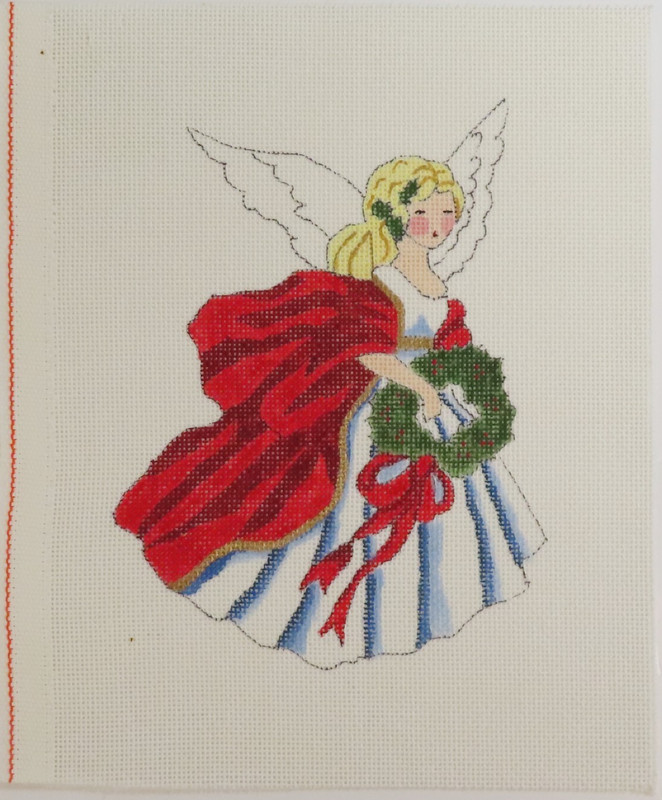 HANDPAINTED NEEDLEPOINT - Angel in Red with Wreath (49)
