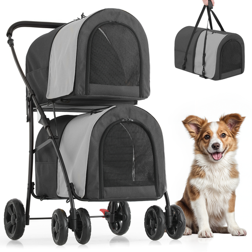 Double Dog Stroller Folding 4 Wheels Travel Cage Carrier w/2 Detachable Carriers - Picture 2 of 12
