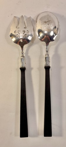 Antique Manning Bowman Silverplate Serving Fork & Spoon Scalloped & Wood Handles - Picture 4 of 9