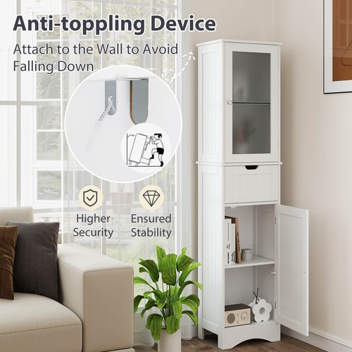 Costway Bathroom Tall Cabinet Freestanding Linen Tower w/ Drawer & Doors White - Picture 7 of 8