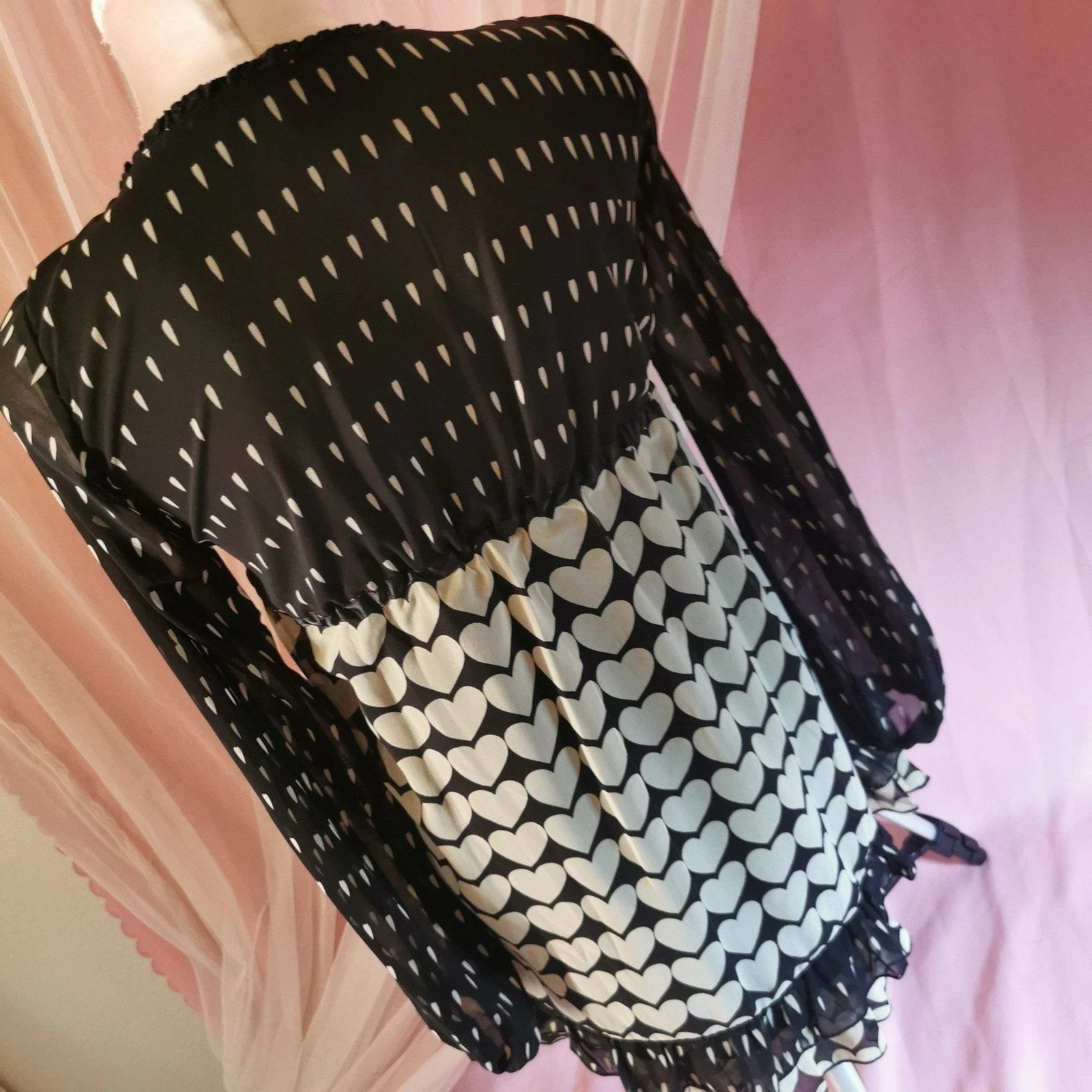 VALENTINO Abito chiffon cuore bianco nero civetta Gyaru Barbie Core Y2K Giappone Jfashion