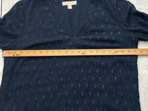Maglione donna Michael Kors grande blu navy jacquard manica a campana pullover scollo a V tunica - Foto 6 di 8
