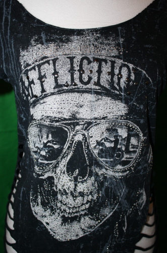AFFLICTION American Customs Totenkopf Cutout Strass T-Shirt Oberteil Damen Large - Bild 2 von 7