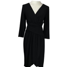 Eliza J Black Feminine Tulip Hem 3/4 Sleeve Dress Size 10 FauxWrap Chic Cocktail