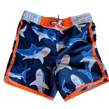 Mini Boden Boy's Shark Print Swim Trunks Blue Orange Board Shorts Size 6-7Y