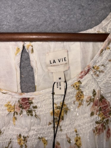 La Vie REBECCA TAYLOR Milk White Floral Metallic Madeleine Drop Waist Dress M - Picture 5 of 10