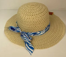 Juncture Ladies Woven Straw Sun Hat W/ Blue & White Bow New With Tags