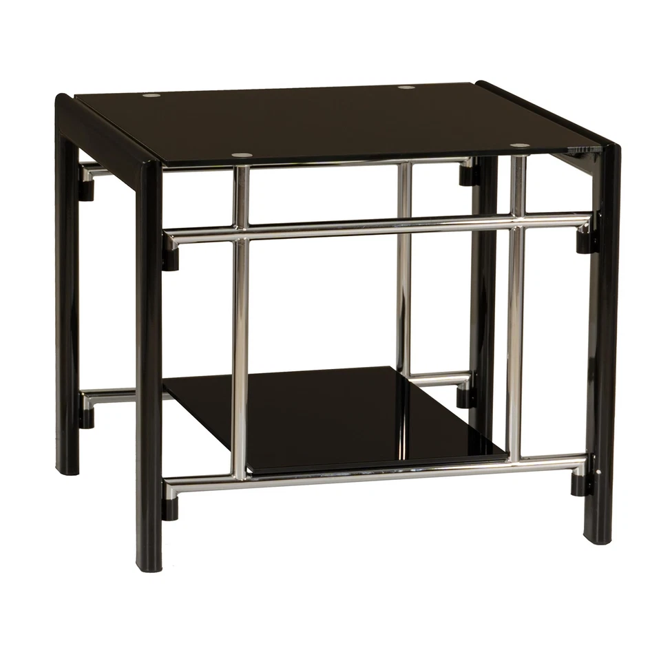 Linon Dart End Table (Set of 2) Top & Bottom Glass Shelves in Glossy Black Steel - Image 3 of 4