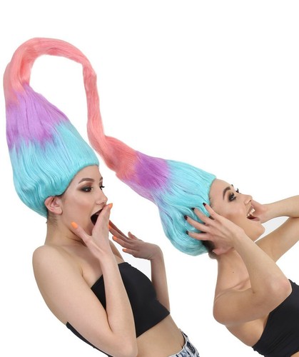Women Cosplay Twin Trolls Satin Chenille Costume 2 Colorful Wigs or Purple Dress - Picture 9 of 28