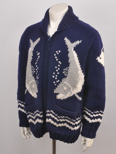 60s Vintage Cowichan Fishing Mary Maxim Hand Knit Wool Zip-up Sweater SIZE L - Picture 2 of 9