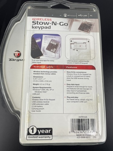 Targus Stow-N-Go Wireless Keypad for PC/Laptop USB New Sealed - Picture 2 of 4