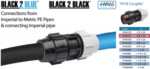 Tubo principale acqua da 20 mm blu MDPE a vecchio 3/8" nero metrico a giuntatrice imperiale - Foto 2 di 5