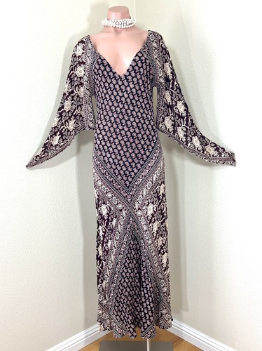 Bohemian Maxi Dress XS Paisley Flower Print Low V neckline Boho Chick Hippie - Picture 2 of 9