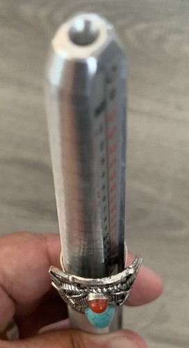 Large Beautiful Tibet Exotic Tribal Turquoise & Coral Silver Adjustable Ring - Picture 5 of 5