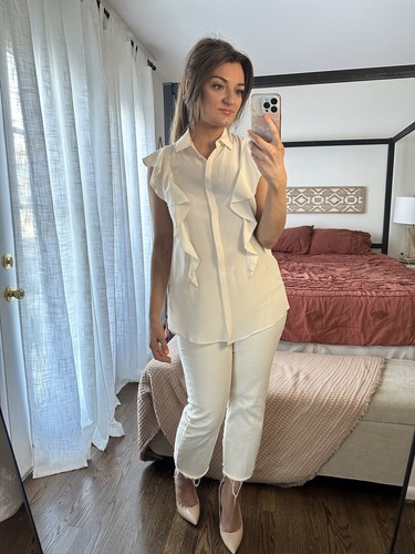 Anne Fontaine Size 38 100% Silk Ivory Sleeveless Ruffle Blouse - Picture 5 of 10