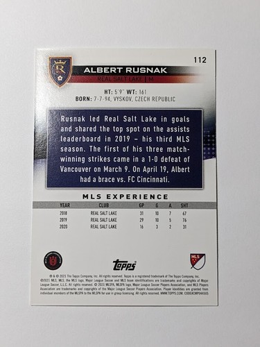 #112 Albert Rusnak - Real Salt Lake - 2021 Topps MLS Soccer - Picture 2 of 2