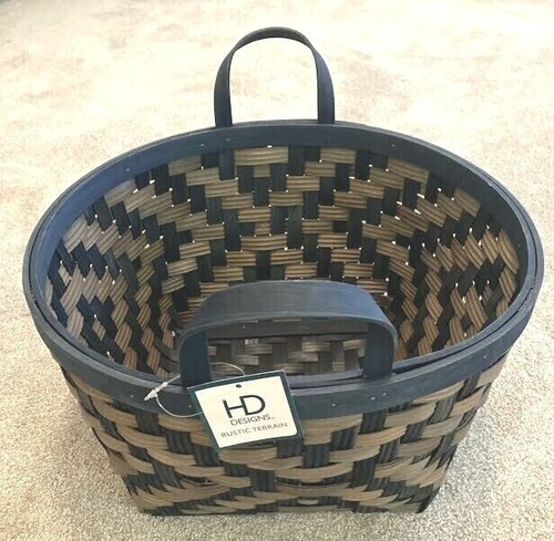 HD DESIGNS RUSTIC TERRAIN Wooden Woven Blue/Tan Round Basket W/2 Handles 14" w - Picture 2 of 6