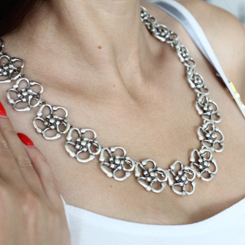 Kette Blumen Natur Hippie Bohemian Mittelalter Metall Silber Schmuck C91 - Picture 3 of 13