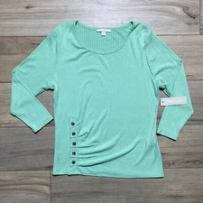 Sunny Leigh Womens 3/4 Sleeve Ribbed Top With Decorative Buttons Size XL Green