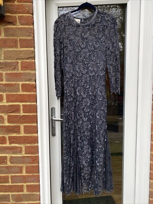 Vintage Frank Usher Black Lace Beaded Sequin Long Sleeved Evening Dress  14