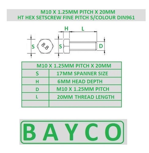 M10 X 1.25P FINE PITCH HEXAGON BOLT HT SETSCREW GRADE 8.8 VARIOUS LENGTHS - Picture 2 of 8