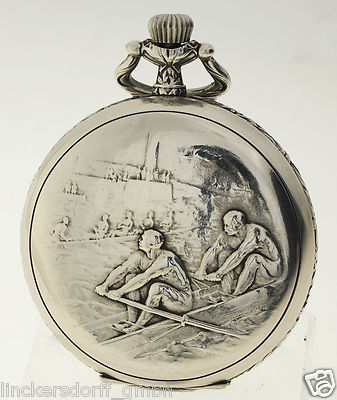 RUDERER TASCHENUHR - MIT PRUNKRELIEF RUDERN UM 1900 RELIEF SIGNIERT VON HUGUENIN
