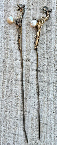 Antique Chinese Pair Silver /Gold gilded Metal Dragon/ Phoenix Head Hairpin - Picture 18 of 24