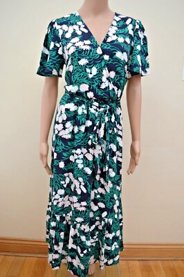 New M&S Collection Navy Floral Angel Sleeve V Wrap Neck Dress Sz UK 10