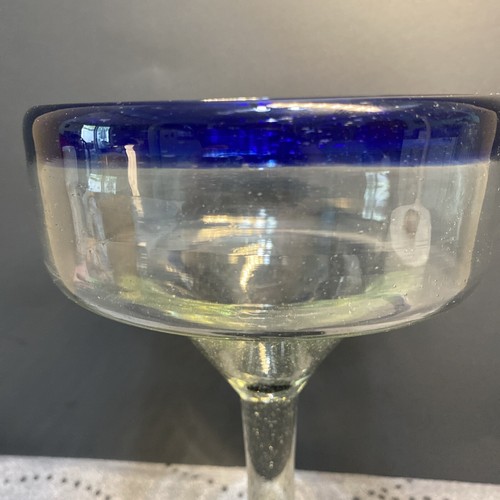 Mexican Hand Blown Cobalt Blue Rim and Base Margarita Glass 5" Wide - Picture 2 of 6