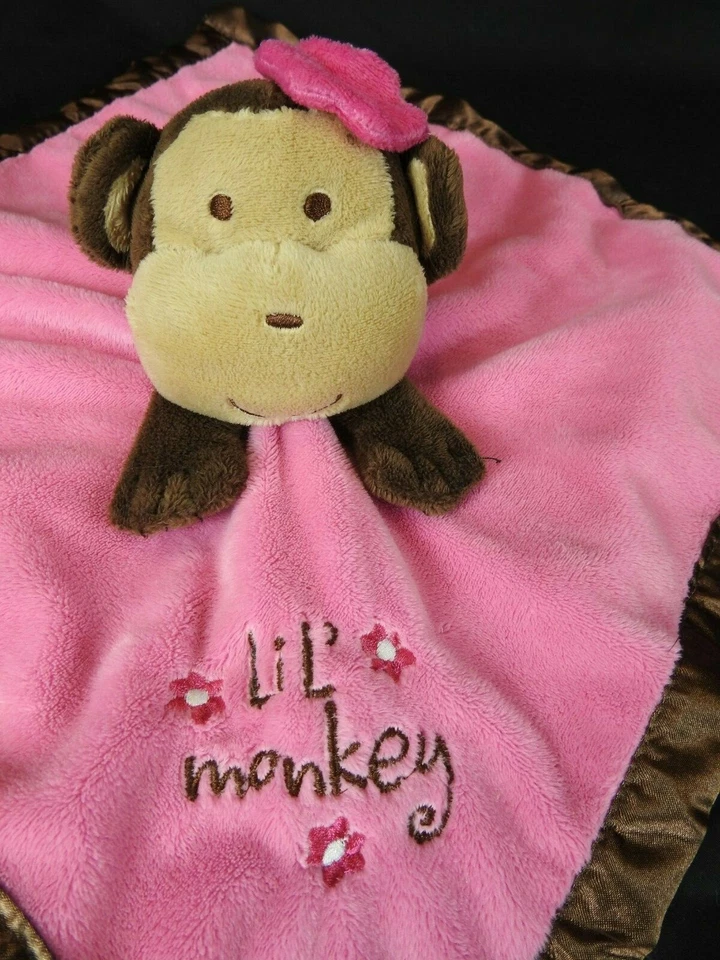 Manta de seguridad Baby Essentials 'Lil Monkey' chimpancé rosa y marrón sonajero 12"x12" Foto 2 de 4