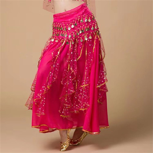 Bauchtanz Chiffon Pailletten Rock Gold Münzen Hüftschal Taillengürtel Kostüm Kleid - Bild 1 von 18