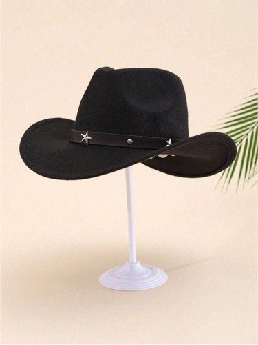Black Western Cowboy Cowgirl Hat Felt Wide Brim Star Band Unisex Rodeo - Picture 10 of 12