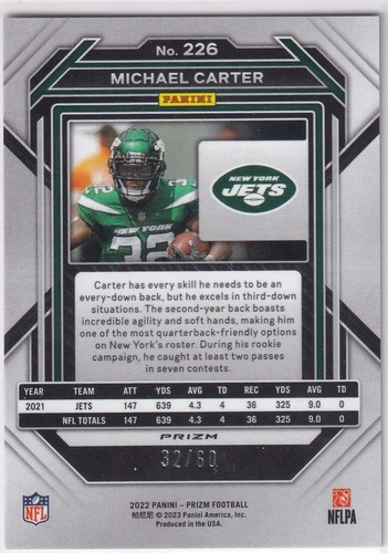 Panini Prizm 2021 Karte No. 226 Michael Carter Orange Wave 32/60 Jersey Number - Bild 2 von 2