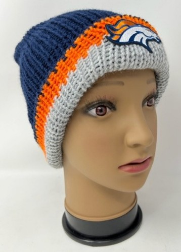 Adult Handmade Double Knit Denver Broncos Navy, Orange, Gray Inspired Beanie Hat - Picture 3 of 3