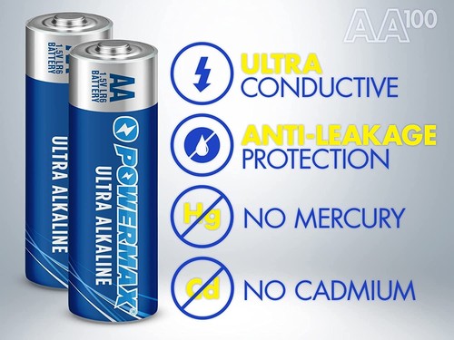 Powermax 100-Count AA Batteries, Ultra Long Lasting Alkaline Battery, 10-Year Sh - Picture 6 of 12