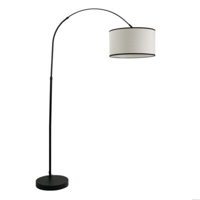 Große schwarze Metall Stehlampe gewölbter Stiel Leinen Trommel Lampenschirm Wohnzimmer Leuchte
